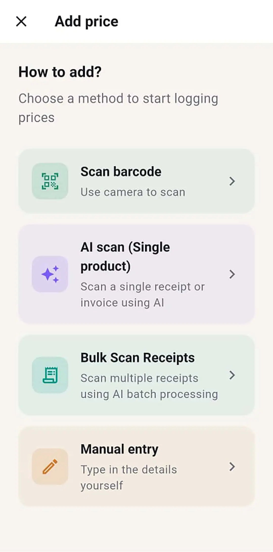 Add price method chooser: scan barcode, AI photo scan, bulk receipt scan, or manual entry