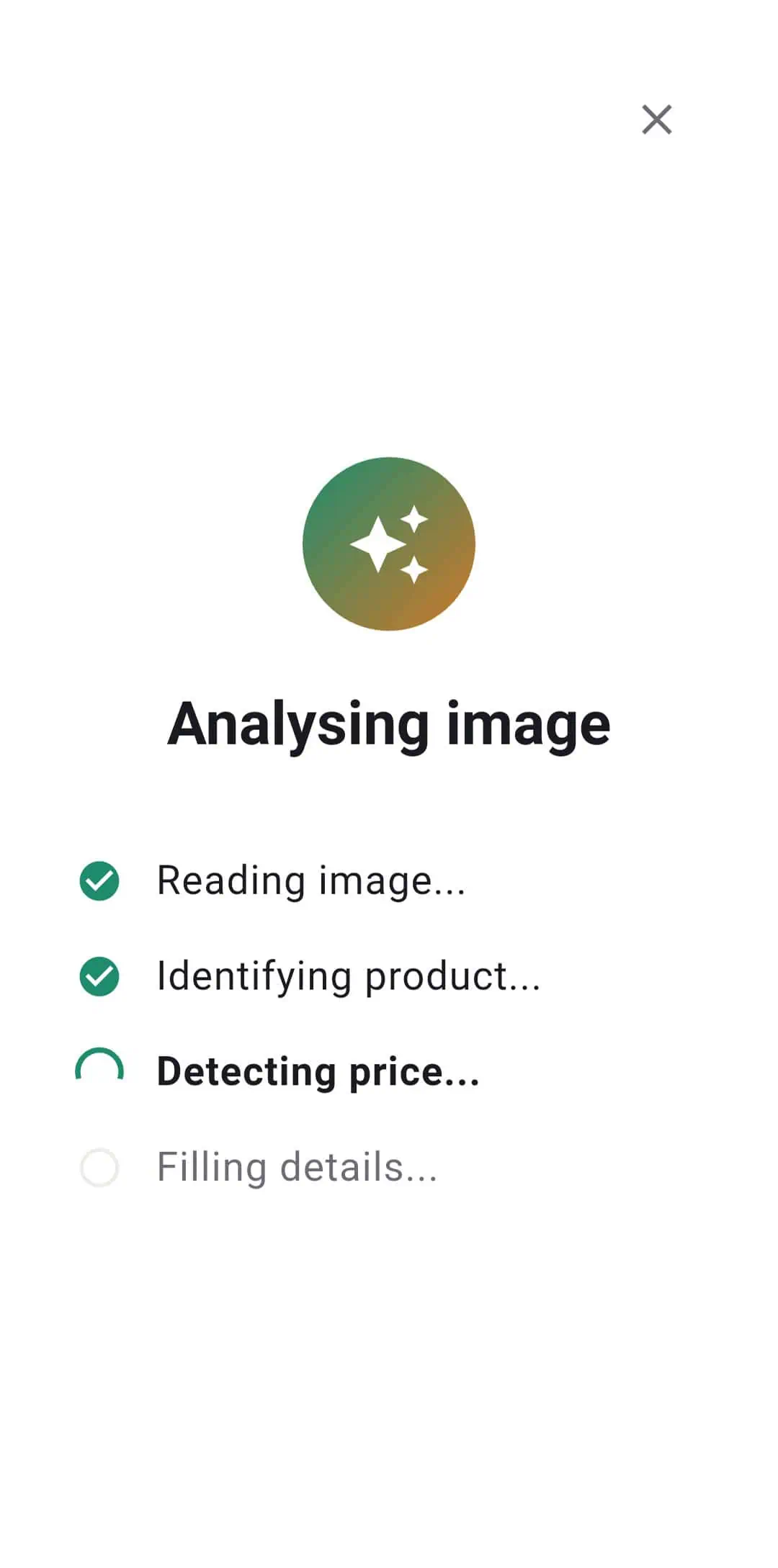 AI analysing image: reading image, identifying product, detecting price, filling details