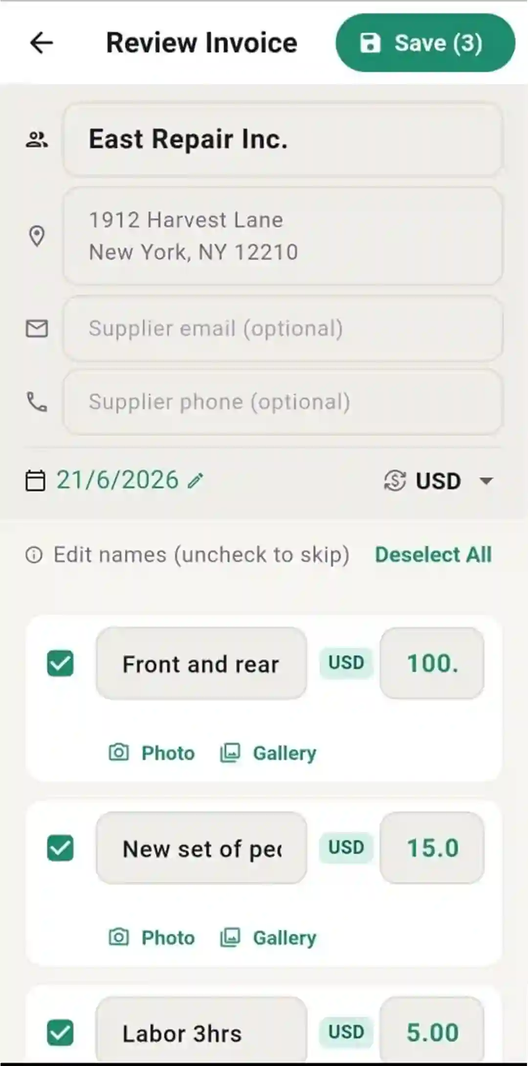 Review receipt screen listing several products extracted from one receipt, each with a photo button and editable price