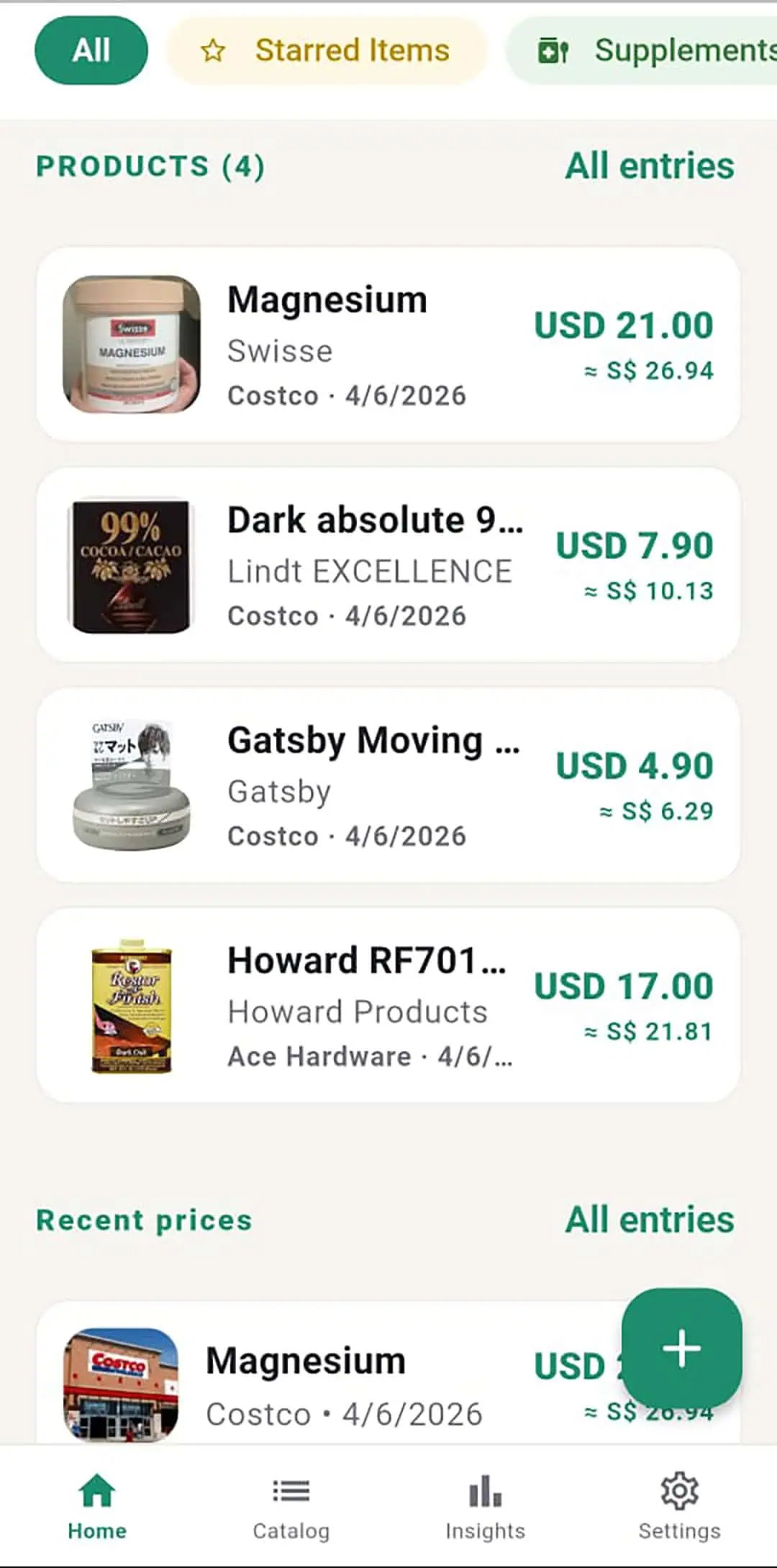 PriceMemory home screen showing tracked products with live prices and currency conversion
