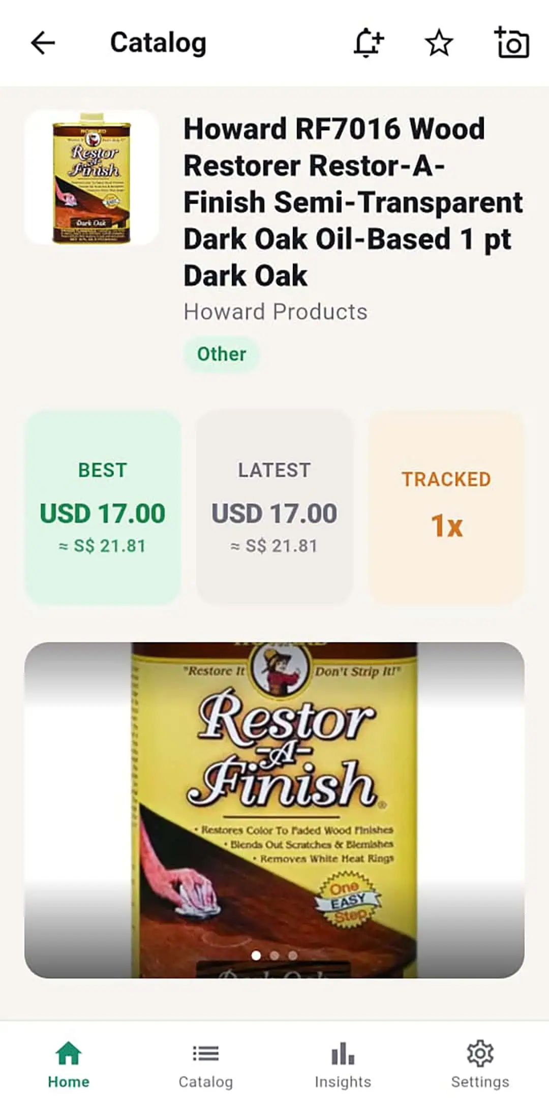 Product stats showing best price, latest price, and tracked history